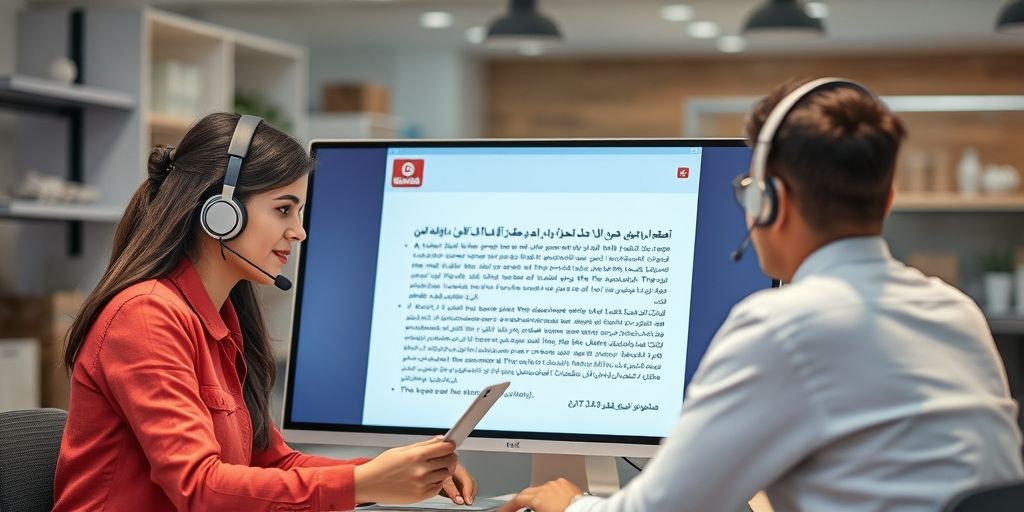 A friendly customer support scene in a Persian e-commerce context, showing a support agent explaining gift card terms, warm tones, clear documentation on screen, and users feeling reassured