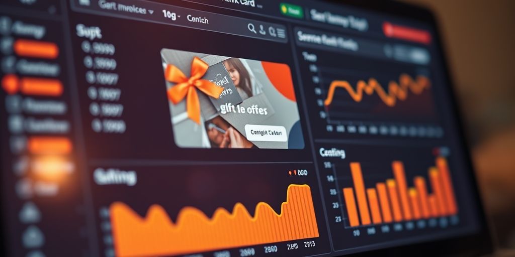 A close-up shot of a marketing dashboard with a highlighted gift card offer, warm lighting, and clear conversion metrics on screen, illustrating strategic testing in PPC.