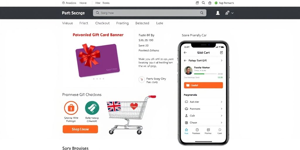 An e-commerce product page design showing prominent gift card banner, streamlined checkout, trust seals, and mobile-friendly design; the user is browsing with a shopping cart visible, illustrating improved engagement.