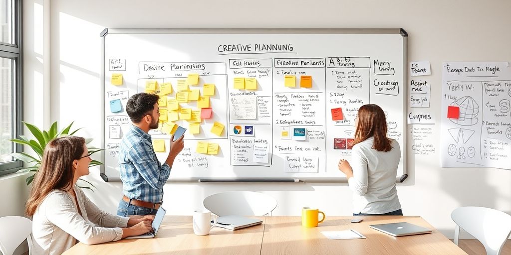 A creative planning board with sticky notes, charts, and team members discussing gift card variants, A/B testing plans, and cross-channel integration; a sunny office, whiteboard sketches, and coffee mugs emphasize collaborative, data-driven marketing.