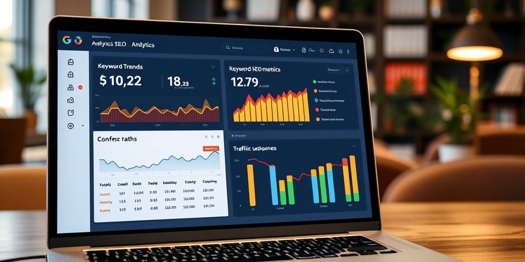 A modern analytics dashboard showing AI-driven SEO metrics, keyword trends, traffic sources, and conversion paths on a laptop screen, with Persian language UI elements and a warm office setting, conveying clarity and actionable insights.