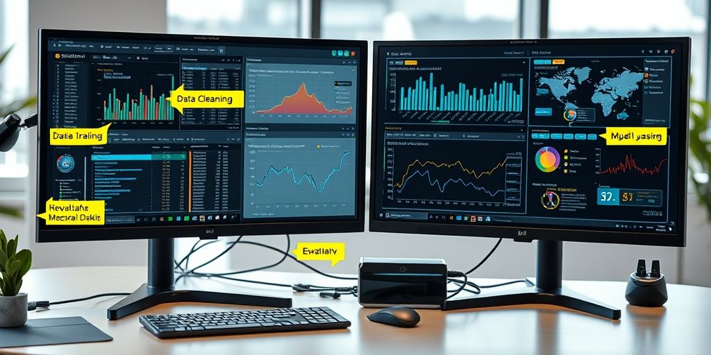 An AI-driven data analysis workflow on a dual-monitor setup, illustrating data cleaning, model training, and evaluation steps, with highlighted charts and annotated notes in Persian, set in a bright modern office.