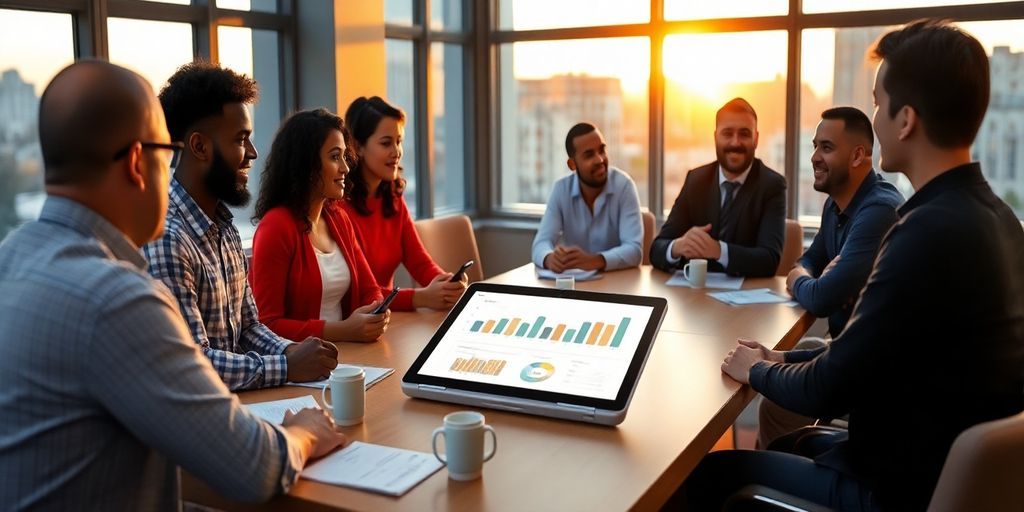 A closing inspirational image showing diverse professionals discussing data-driven SEO results around a conference table, with a tablet displaying upbeat metrics and the sunset light streaming through windows.