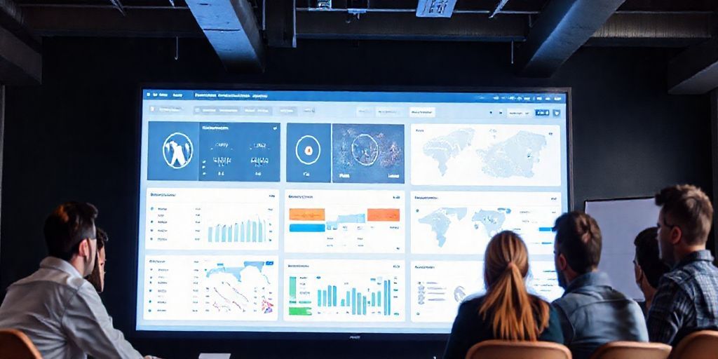An inspiring team huddle around a large screen displaying a WordPress multisite management dashboard, with charts and maps, conveying collaboration and strategic planning.