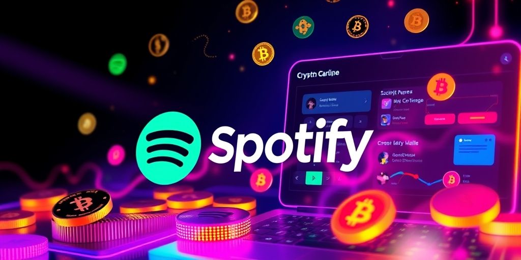 A vibrant conceptual image showing cryptocurrency icons blending with a Spotify logo, bright neon colors, and a futuristic fintech vibe, featuring digital wallets, secure transaction symbols, and a sleek dashboard to convey seamless crypto payments for subscriptions.