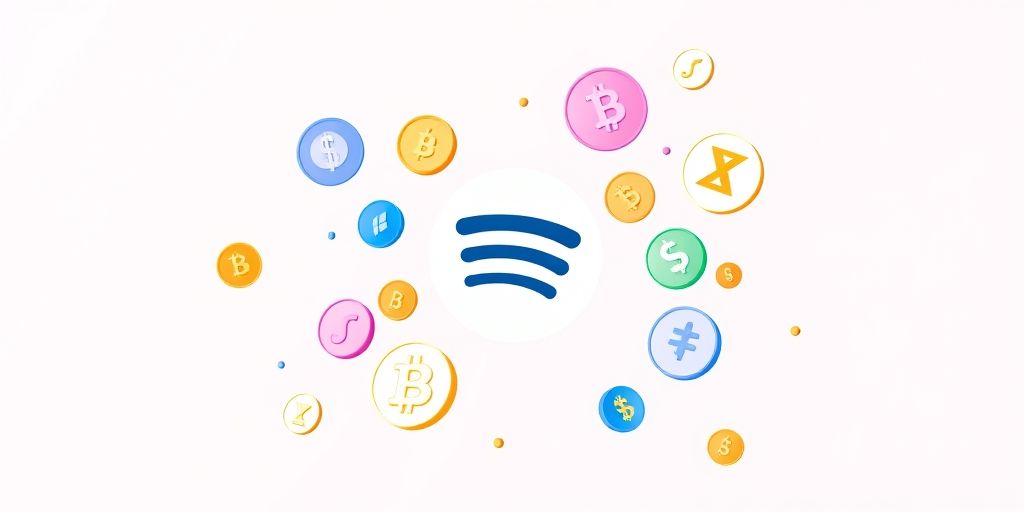 A conceptual image illustrating cryptocurrency icons blending with a Spotify logo, bright colors, clean minimalist style, digital payment concept.