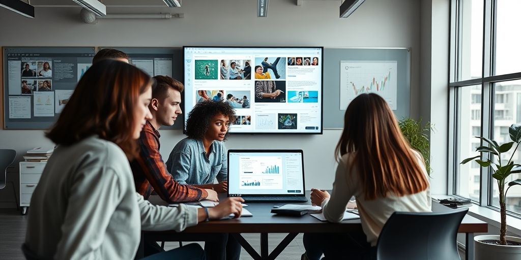 A close-up shot of a user-interface design session, with prototyping tools, screens showing interactive content elements, and a diverse team discussing engagement metrics in a sleek tech workspace.