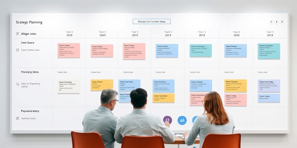 A strategic planning board with timelines, metrics, and interactive content ideas, showing a calm, focused team aligning on goals and resource allocation.