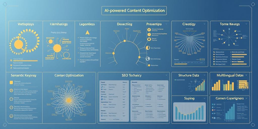 A conceptual board featuring AI-powered content optimization, semantic keyword maps, structured data schema, and multilingual SEO charts, rendered in soft blues and gold tones to convey clarity, accuracy, and strategic thinking for web optimization.