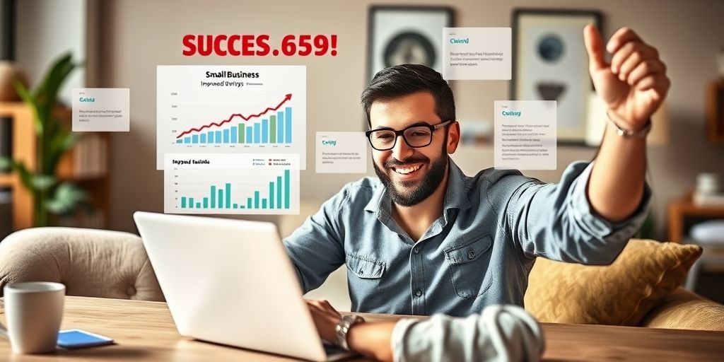 A success story scene: a small business owner celebrating improved rankings on a laptop, with charts showing traffic growth, testimonials, and a warm, hopeful color palette.