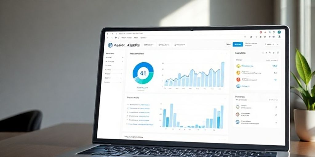 A clean, modern WordPress dashboard on a laptop, with AI analytics charts, soft natural light, and a user-friendly interface illustrating data-driven UX decisions.