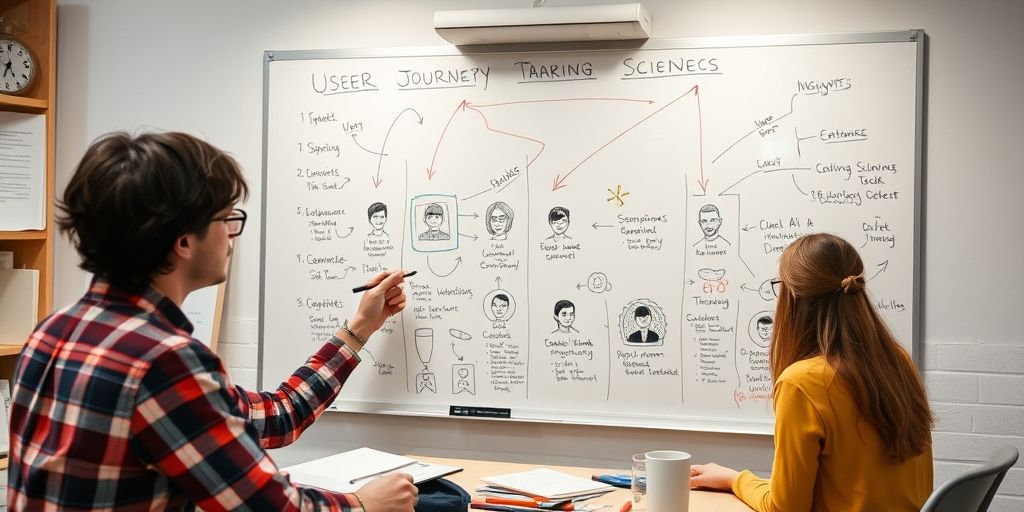 A creative workspace with a developer sketching user journey maps on a whiteboard, filled with arrows, personas, and AI-generated insights, capturing collaboration between data science and content teams.