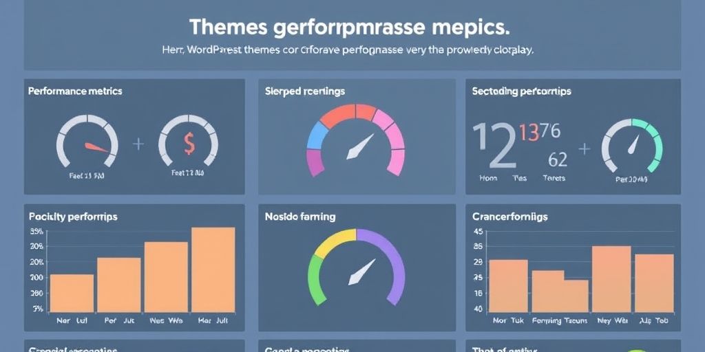 Infographic of performance metrics for WordPress themes, with charts and speed metrics, in soft pastel colors.