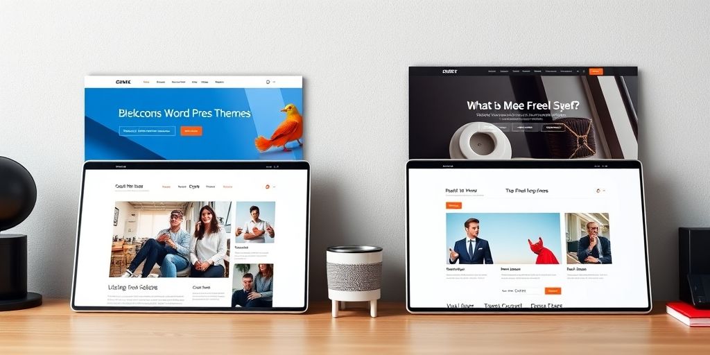 A comparative layout of free vs premium WordPress themes on a desk, with checkmarks and pros/cons icons, balanced color palette.
