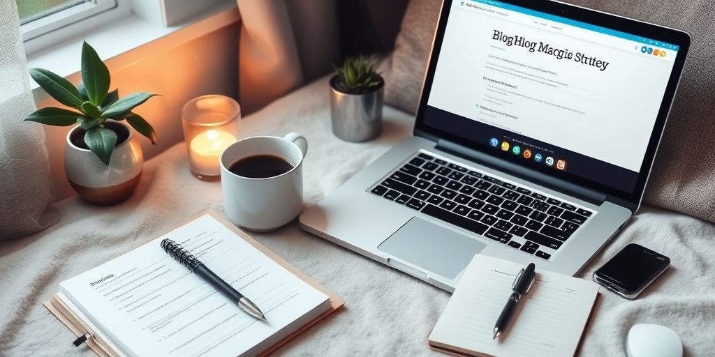 A cozy workspace with a laptop, coffee, and blog strategy notes, soft lighting, calm atmosphere.