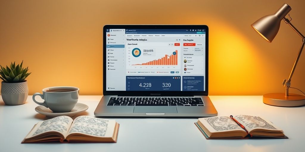 A flat-lay workspace with a laptop showing WordPress dashboard, SEO plugin analytics on screen, warm lighting, Persian notebook and coffee cup, modern flat design, high detail
