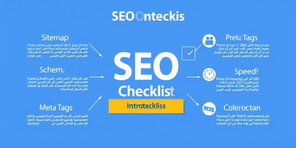 A clean infographic showing SEO checklist: sitemap, schema, meta tags, speed optimization, Persian captions, flat icons, bright color palette, high-resolution, modern style