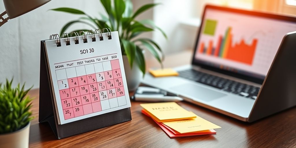 A detailed desk calendar with monthly SEO tasks, sticky notes in Persian, laptop showing analytics, plant on desk, natural light, high detail, realistic photo