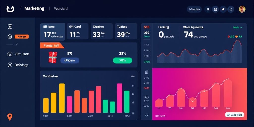 A modern marketing dashboard showing a gift card conversion funnel, vibrant colors, Persian UI labels, gift card icons, and optimistic metrics; high-detail, studio lighting, designed to illustrate campaign potential.