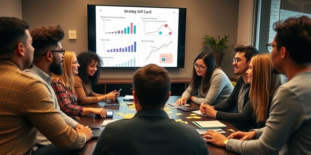A diverse team in a strategy room, planning a gift card campaign with sticky notes, graphs on a large screen, warm lighting, and candid expressions conveying collaboration and creativity.