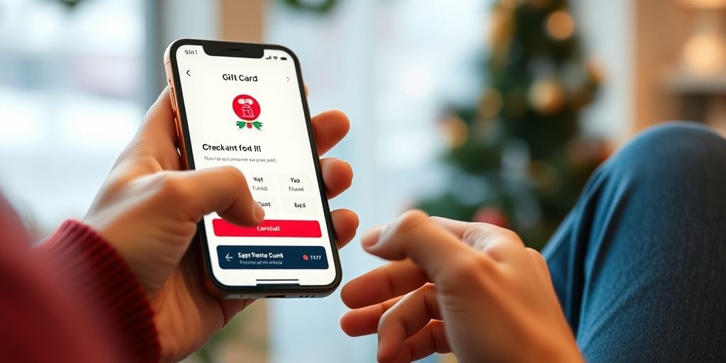 A user interacting with a mobile gift card redemption flow, showing a secure checkout, clear balance display, and trust signals in a clean, modern interface; vivid colors, realistic details.