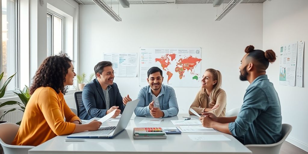 A versatile team discusses ethical guidelines around gift card campaigns in a bright modern office, with charts, documents, and a calm, collaborative atmosphere.