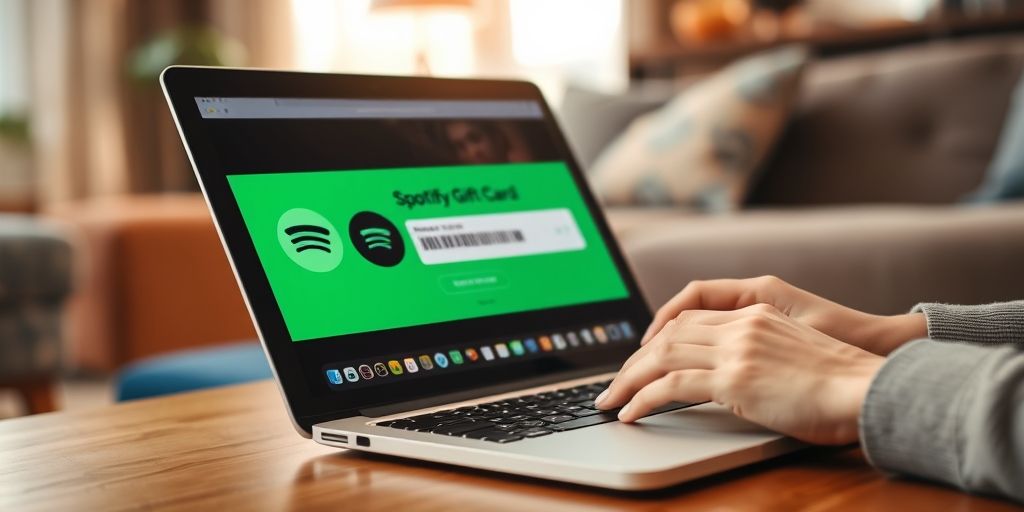 A close-up shot of a person entering a Spotify gift card code on a sleek laptop in a cozy living room, warm lighting and vibrant colors highlighting ease of use and value.