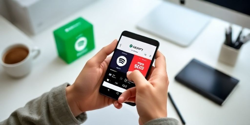Mid-view of a user comparing different Spotify gift cards on a smartphone, with discount banners, modern design, and a clean desk setup, conveying smart shopping and savings in a friendly atmosphere.