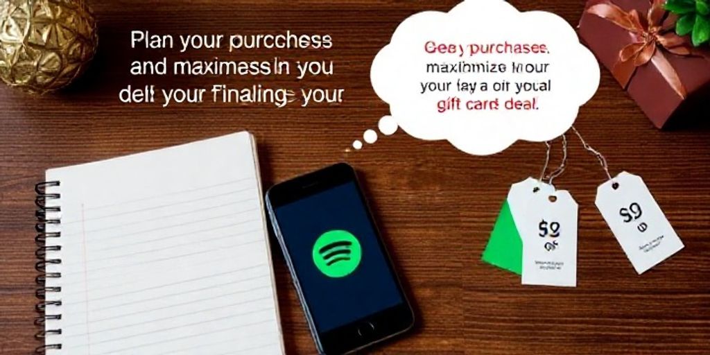 A thoughtful scene showing a notebook, a smartphone with Spotify logo, and price tags with discounts, suggesting planning purchases and maximizing savings before finalizing a gift card deal.