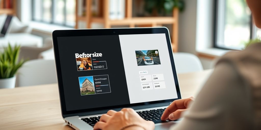 A person optimizing website images on a laptop screen showing before/after file size comparison, with visual indicators of compression ratios and alt text fields being filled, in a bright modern workspace.