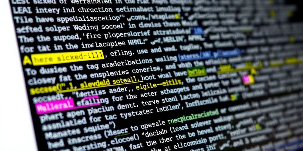 A detailed close-up of HTML code showing properly implemented SEO tags like title tag, meta description, and header tags (H1, H2) with Persian text, highlighted with colorful markers for emphasis.