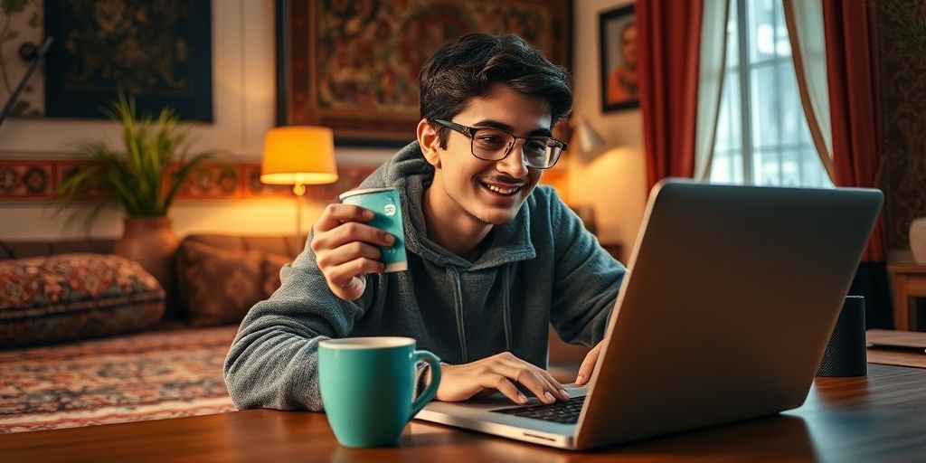 A vivid, high-detail image of a coffee-drinking student redeeming a Spotify gift card on a laptop, with cozy Persian decor, warm lighting, and a modern desk setup that conveys focus and creativity.