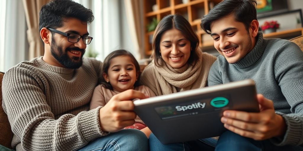A close-up shot of a Persian family sharing music on a tablet, highlighting gift card tones and Spotify interface, rich textures, vibrant colors in a cozy living room.