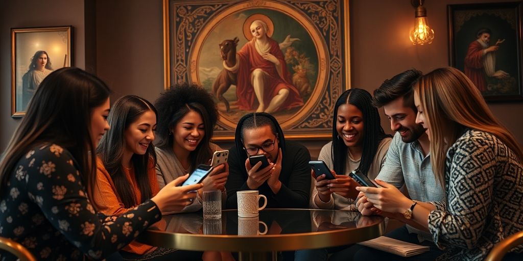 An inspiring scene showing a diverse group sharing playlists on phones in a cafe, with elegant Persian art in the background, subtle branding and warm mood, inviting collaboration and sharing.