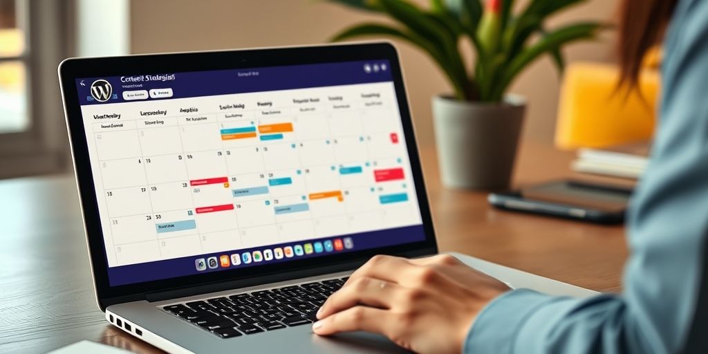 A close-up shot of a content strategist planning a social media content calendar beside a laptop showing WordPress analytics, vibrant colors, warm lighting, and a sense of purposeful creativity.