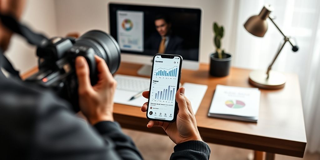 A polished desk setup with a photographer shooting a mobile screen showing engagement data, graphs, and a calm, focused ambiance, conveying strategic planning before launching.