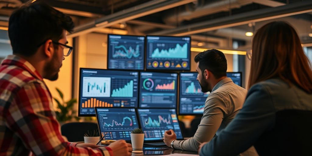 A close-up shot of a modern Persian digital marketing office with colleagues analyzing video performance dashboards on screens, warm ambient lighting, and a collaborative atmosphere.