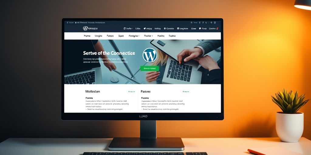 A clean, modern WordPress site loading quickly on a desktop monitor, showing smooth animations, crisp typography, and a performance dashboard with Core Web Vitals indicators under warm lighting.