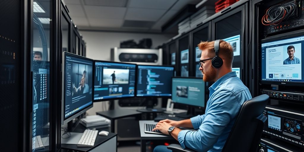 An engineer optimizing images and caching on a server room with multiple screens, cables, and a calm workspace, illustrating speed optimization tactics for a WordPress site.