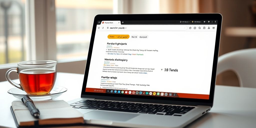 A close-up shot of a laptop screen showing a Persian search results page with highlighted snippets and keyword notes, placed on a clean desk with a notebook and a cup of tea under warm natural light.