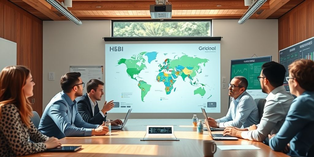 A dynamic, high-energy venture-capital boardroom with diverse investors analyzing global startups, a world map, and data dashboards in natural daylight.