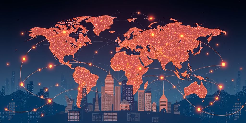 A global startup ecosystem illustration showing interconnected city skylines and data lines, symbolizing cross-border funding and diversified portfolios, in vibrant, futuristic tones.