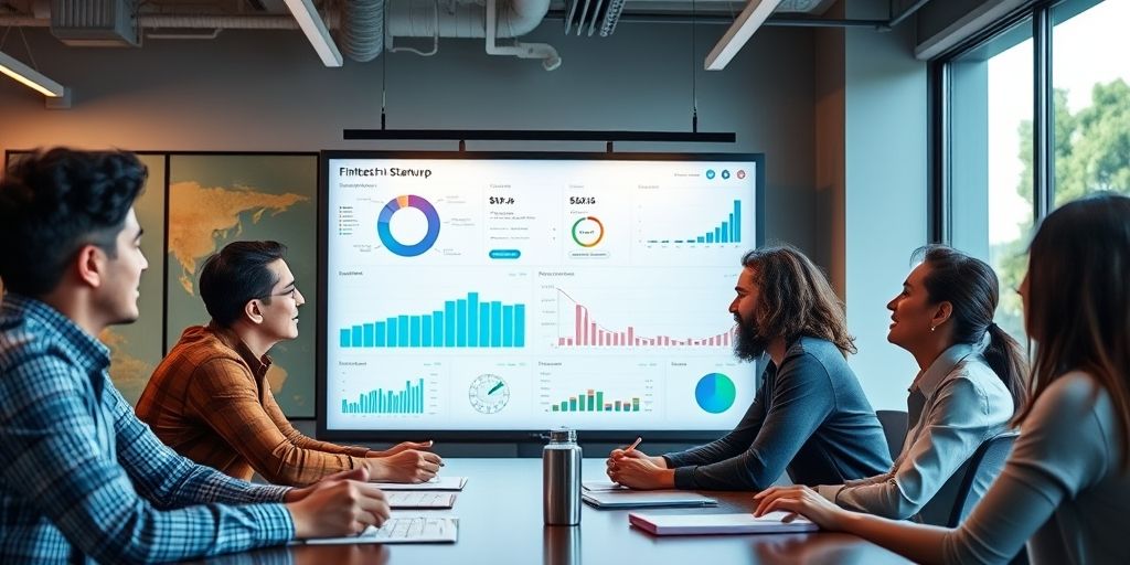 A diverse team discusses fintech startup metrics on a large dashboard in a modern office, warm light, blue tones, showing collaboration, insight, and forward-thinking in a dynamic fintech environment.