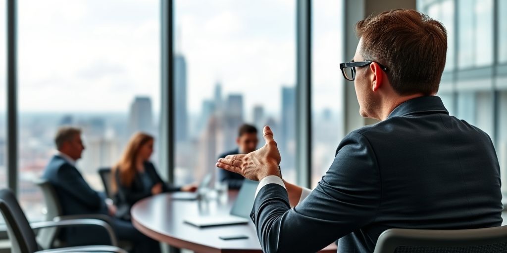 An investor reviews a fintech startup pitch with a skyline backdrop, highlighting clarity, confidence, and potential for scalable financial technology solutions in a modern boardroom.