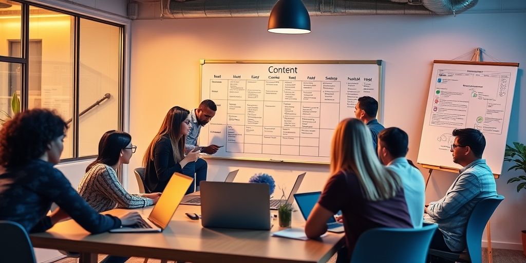 A collaborative team workspace with laptops, a whiteboard, and a content calendar, vivid colors, warm office lighting, people discussing over a project plan, highlighting teamwork and shared goals.