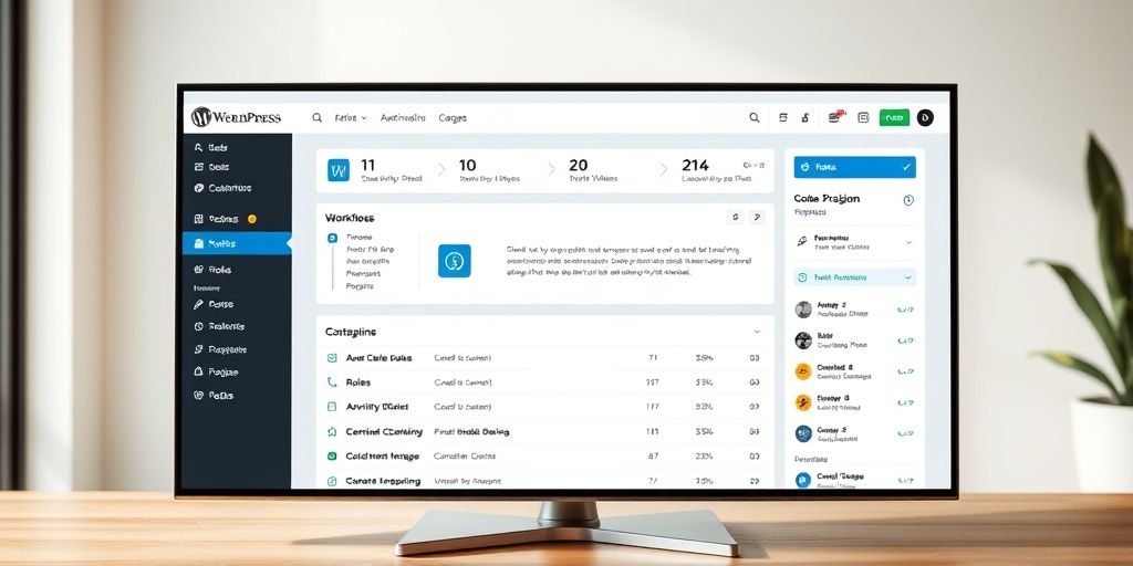 A detailed WordPress admin dashboard on a modern screen, showing roles, workflow stages, and collaboration tools, with clean UI, soft shadows, and a sense of efficiency for modern teams.