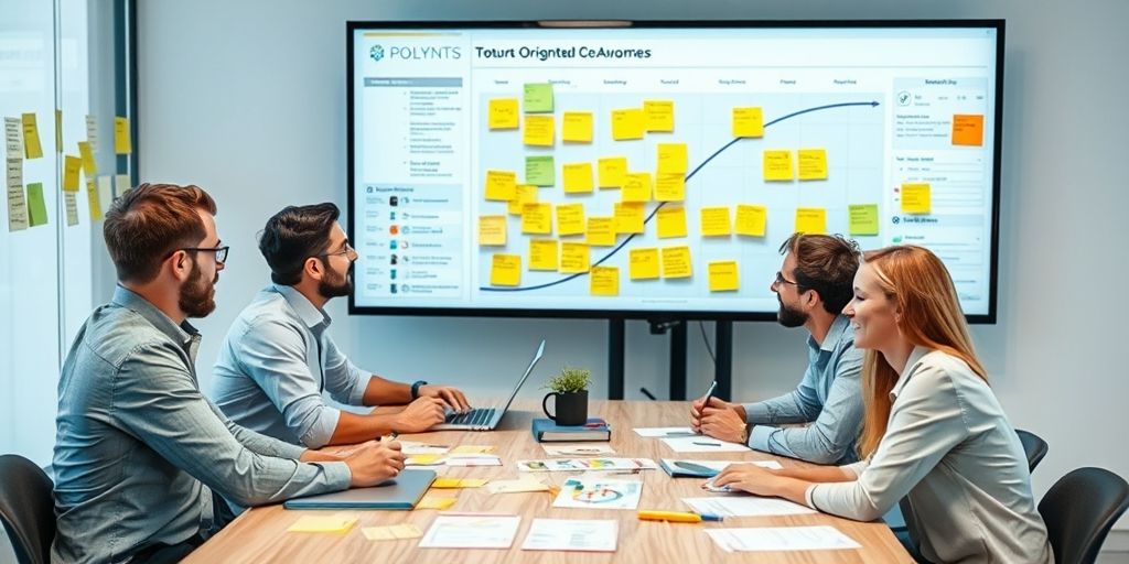 A strategic team planning session, with sticky notes, roadmaps, and a roadmap graphic on a large monitor, conveying future-oriented collaboration and successful project delivery using مبنای وردپرس.