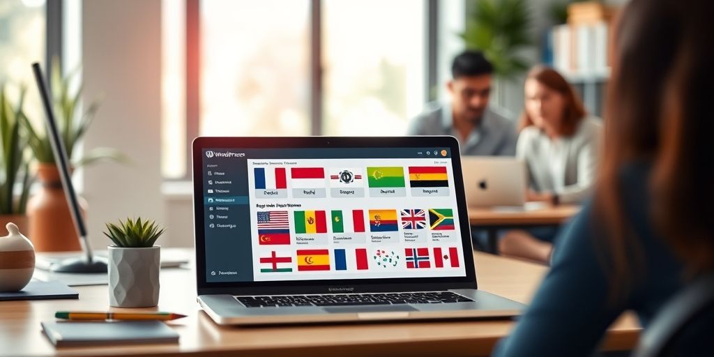 A vibrant office scene showing a multilingual WordPress dashboard on a laptop, with colorful language flags on screen, soft daylight, and a collaborative vibe, illustrating seamless content management across languages.