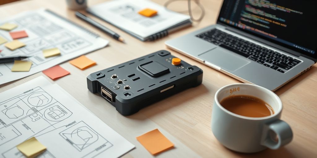 A close-up of a product prototype on a desk, sticky notes, sketches, and a laptop showing code, coffee cup nearby, conveying iterative design and rapid prototyping.