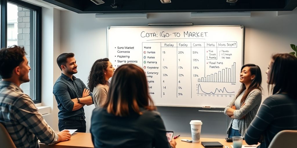 A startup team presenting a go-to-market plan in a modern office, whiteboard with metrics and growth targets, diverse group, confident expressions.